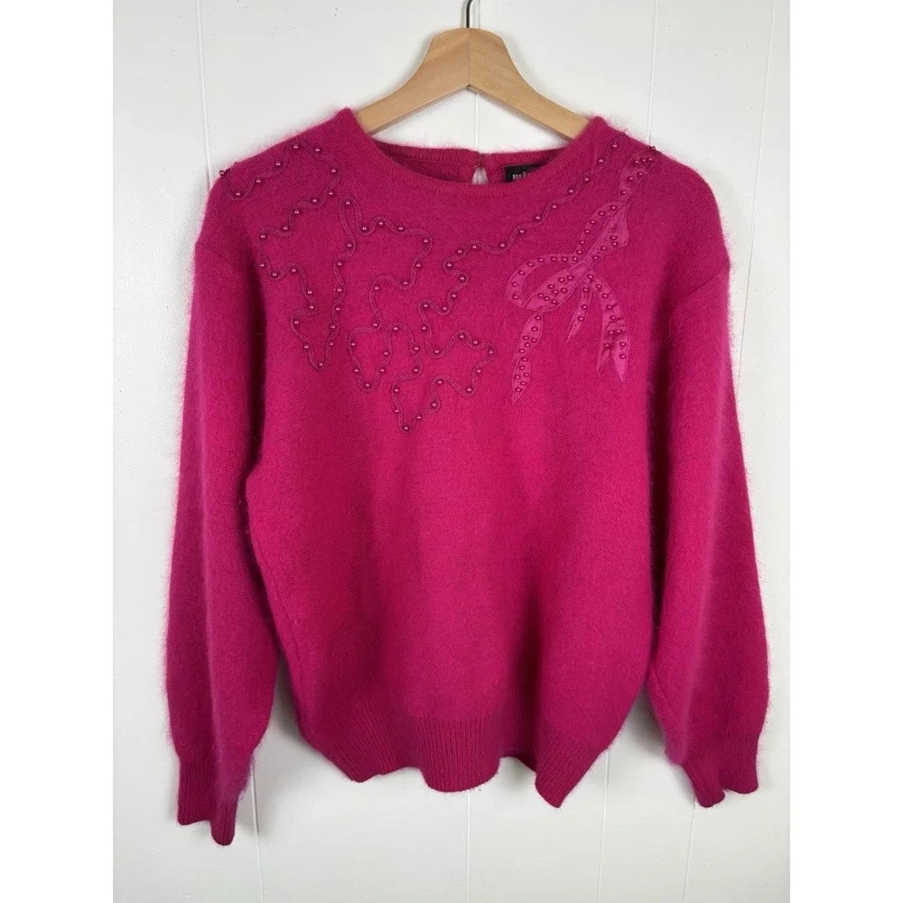 Vintage 80s Pink Coquette Bow Beaded Fuzzy Angora Wool Knit‎ Sweater Pullover